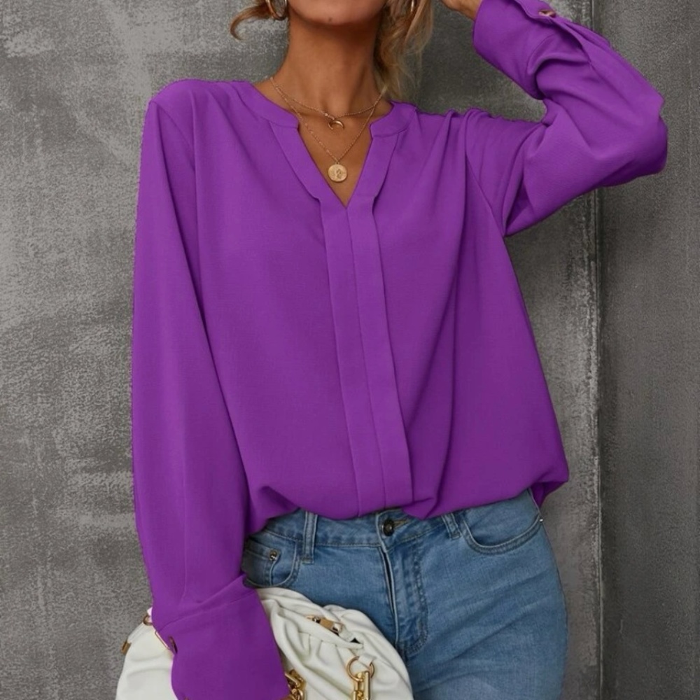 New purple notched neck long sleeve blouse